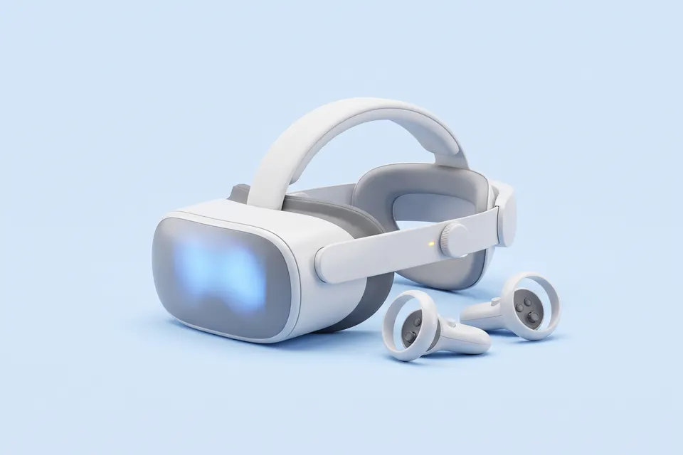VR-очки с двумя контроллерами на голубом фоне